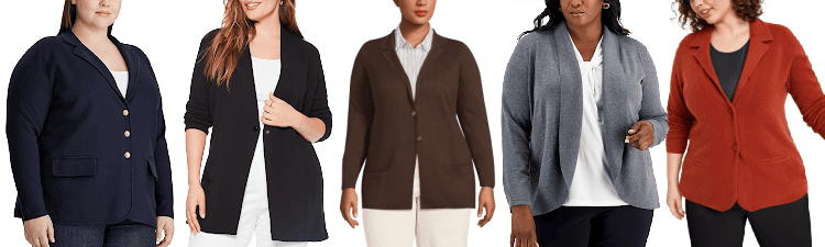 collage of five women wearing plus-size sweater jackets 2024