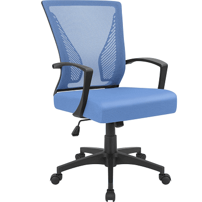 blue office chair with mesh back