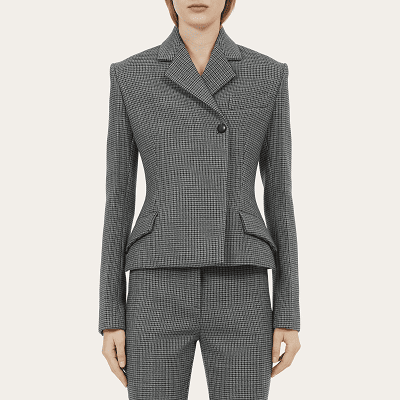 gray houndstooth pants suit with asymmetric blazer
