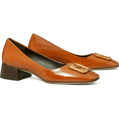low stacked heel in tan patent with Tory Burch logo on toe