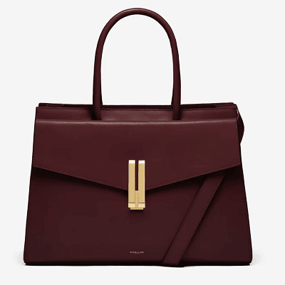 burgundy luxury work bag with long straps and gold hardware