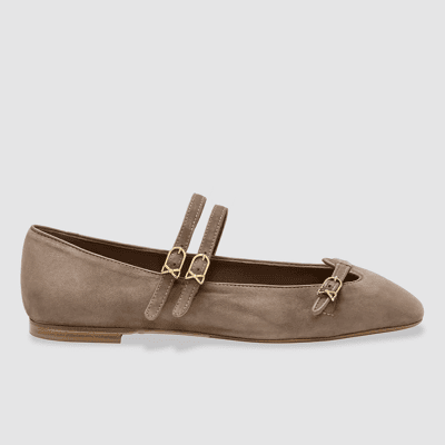 beige square-toed Mary Jane flat with three buckles