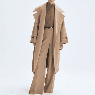 beige cashmere overcoat coat with large lapels and dolman sleeves; it's a great winter statement coat for work