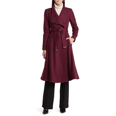 red wrap coat with large lapels; it's a great winter statement coat for work