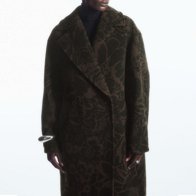 oversized statement winter coat for work with a brown floral pattern on it
