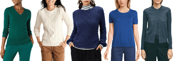 collage of 5 women wearing 100% cotton sweaters for work