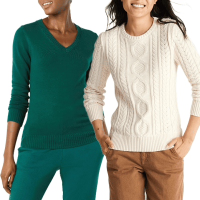 collage of 2 women wearing classic all-cotton sweaters for work