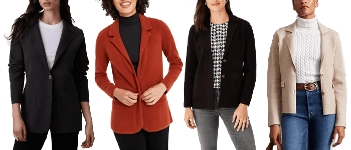 collage of women wearing trendy sweater blazers for the office