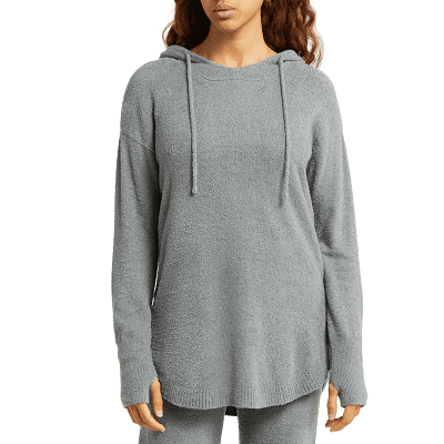 snuggly gray hoodie with a shirttail hem and thumbholes