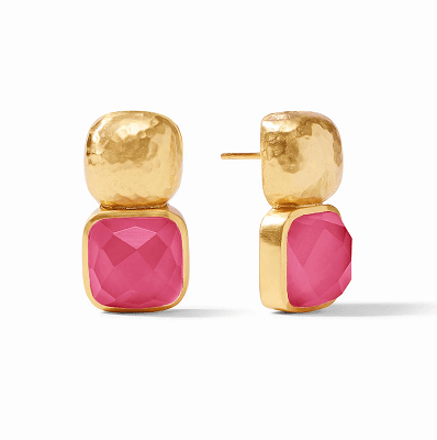gold post earring with a dropped bezel-set colorful stone below