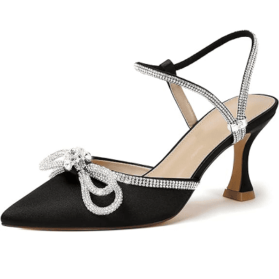 black satin party shoes with sparkly diamonte-bits on straps and bow at front