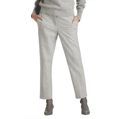 warm flannel dress pants in a light gray (model wears shades of gray)