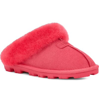 pink slipper with rubber sole and fluffy edge