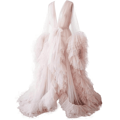 a pale pink robe with super frilly details; it is reminiscent of Old Hollywood glamour