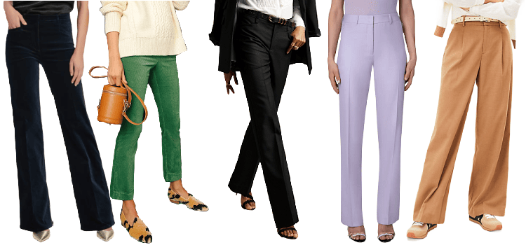 collage of 5 kinds of warm winter dress pants for women: velvet, corduroy, wool blend, cashmere blend, flannel