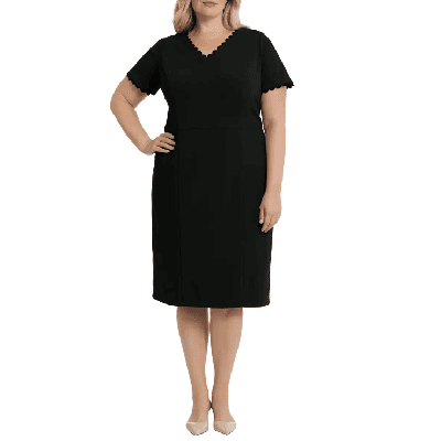 A woman wearing a Maggy London black short sleeve dress