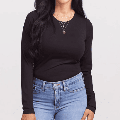 one of the best merino wool sweaters for women: a simple merino wool bodysuit with a crewneck and long sleeves from WoolX