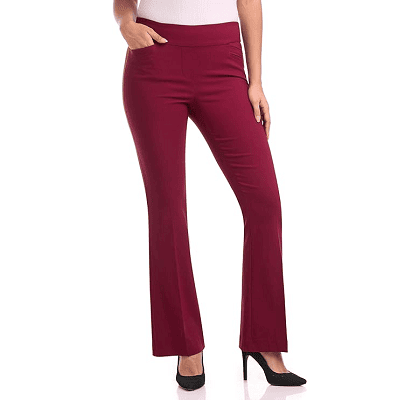 woman wears affordable colorful burgundy wine pants for work with pull-on waist, she is wearing pink with red