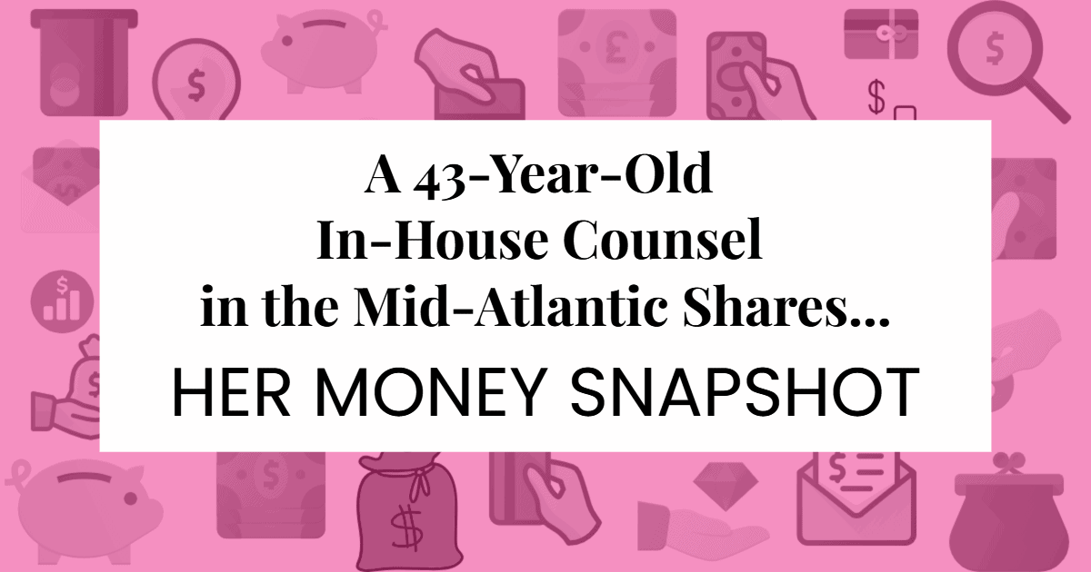 A pink rectangle with personal finance icons; text reads "A 43-Year-Old In-House Counsel in the Mid-Atlantic Shares ... Her Money Snapshot"