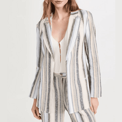 Striped linen trouser suit in shades of grey, beige and white