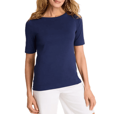 blue boatneck tee with elbow-length sleeves