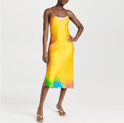 yellow slip dress with rainbow gradient details at the edges