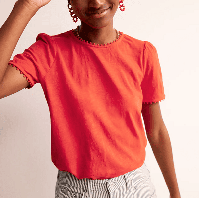 dressy top for work outfits from Boden; the jersey T-shirt is red with small pom details at the neckline and sleeves