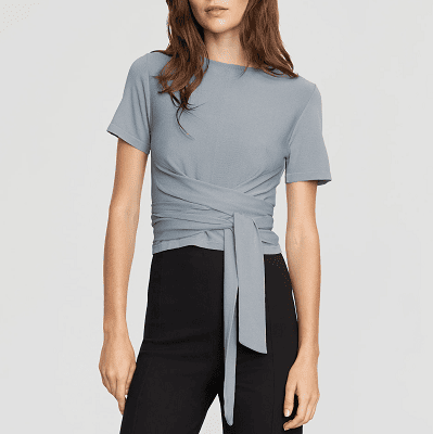 dressy top for work outfits - a cropped T-shirt with a wrap at the waist
