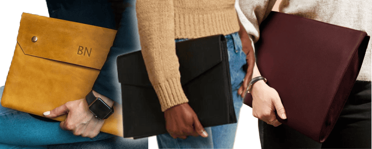 collage of three young professional women holding executive clutches and leather document holders