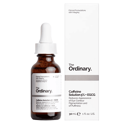 brown bottle with white cap; contains depuffing eye serum from The Ordinary (great for dealing with dark circles)
