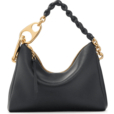 black leather handbag with braided strap and large gold detail that looks like a pop tab