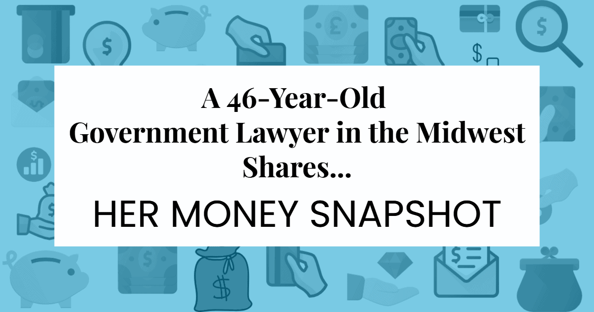 A blue background of personal finance icons with the text on a white background reading "A 46-Year-Old Government Lawyer in the Midwest Shares ...  Her Money Snapshot"