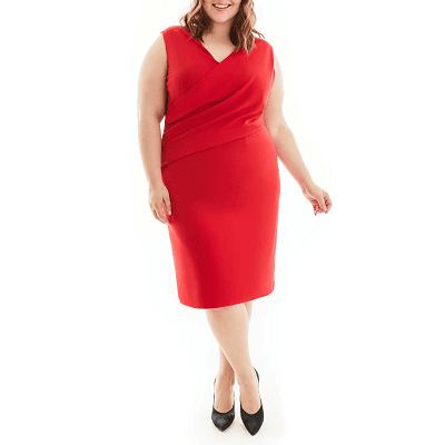 plus-size model wears red dress with hidden shapewear