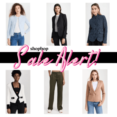 graphic reads "ShopBop Sale Alert" and features 6 products for sale at ShopBop, including 5 work blazers and a pair of pants