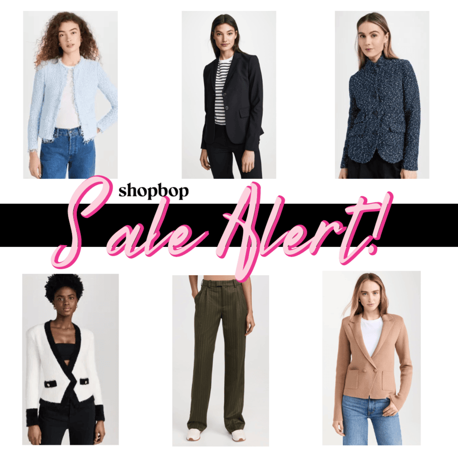 graphic reads "ShopBop Sale Alert" and features 6 products for sale at ShopBop, including 5 work blazers and a pair of pants