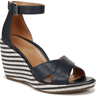 wedge sandal with ankle strap and stripey sole