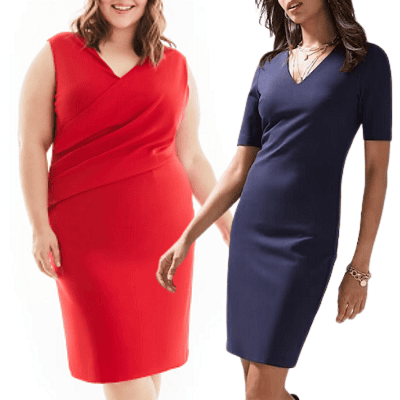 collage of women wearing work dresses with built-in shapewear