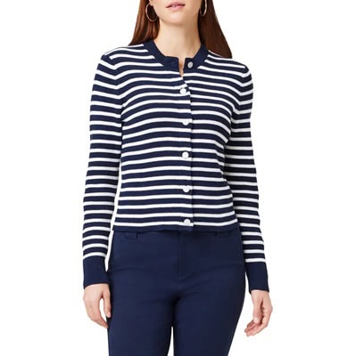 A woman wearing a navy striped cardigan and navy pants