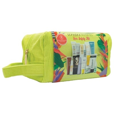 A yellow toiletry bag with sample sunscreen products in the outside pocket