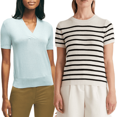 collage of 2 of the best short-sleeve sweater tees for work