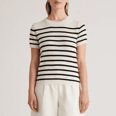 Mongolian cashmere tee in white and black stripes