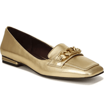gold metallic loafer with chain detail on toe