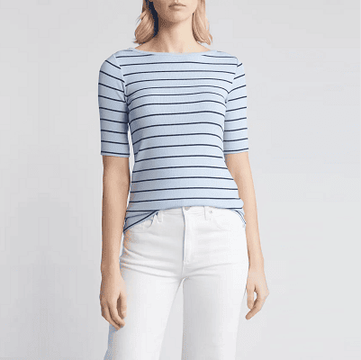 woman wears blue-on-blue stripe top with boatneck and elbow-length sleeves