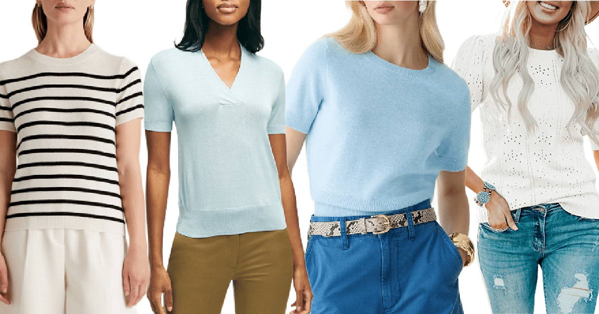 collage of 4 of the best short-sleeve sweater tees for work