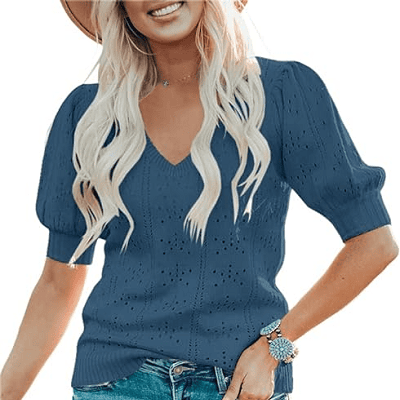 blue v-neck sweater tee with slightly puffed sleeves