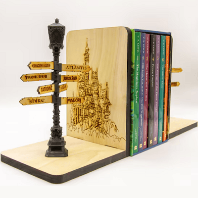 wooden bookend that looks like a signpost pointing to different custom fictional locations like Mordor
