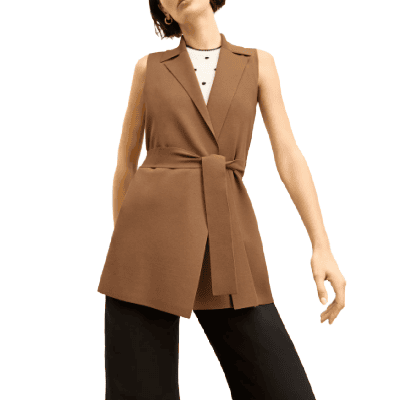 woman wears brown knit vest from MM LaFleur