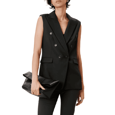 woman wears black double-breasted suiting vest