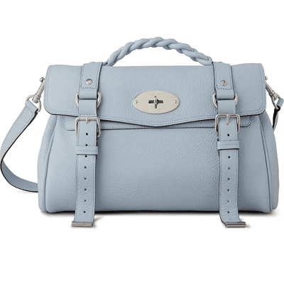 light grayish blue leather satchel with handle, buckle straps, and a crossbody strap
