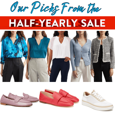 house ad says "Our Picks from the Half-Yearly Sale" and has a collage of 5 work tops and 3 work shoes